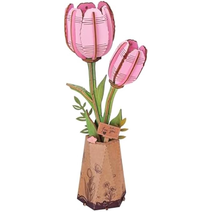 PINK TULIP 3D WOODEN PUZZLE, ARTIFICIAL FLOWERS MODEL KITS FOR ADULTS TO BUILD, CREATIVE HOME DECOR, ACCESSORIES LIVING ROOM, GIFTS FOR WOMEN ON VALENTINE'S DAY, FLOWER BOUQUET